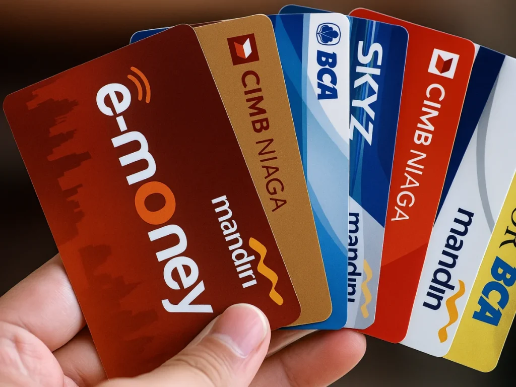 Tampilan close-up beberapa kartu e-money dari bank Mandiri, BCA, dan CIMB Niaga yang menunjukkan variasi desain dan penerbit, menggambarkan fungsi kartu e-money sebagai alat pembayaran non-tunai di Indonesia.