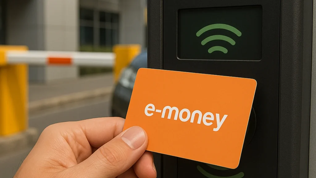 Kartu E-Money Bisa Untuk Apa Saja? Fungsi & Keuntungan Penggunaannya Kartu ditempelkan di mesin parkir elektronik, sebuah contoh praktis dari fungsi kartu e-money untuk pembayaran parkir.